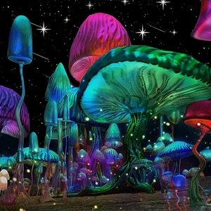 Large black light mushroom tapestry